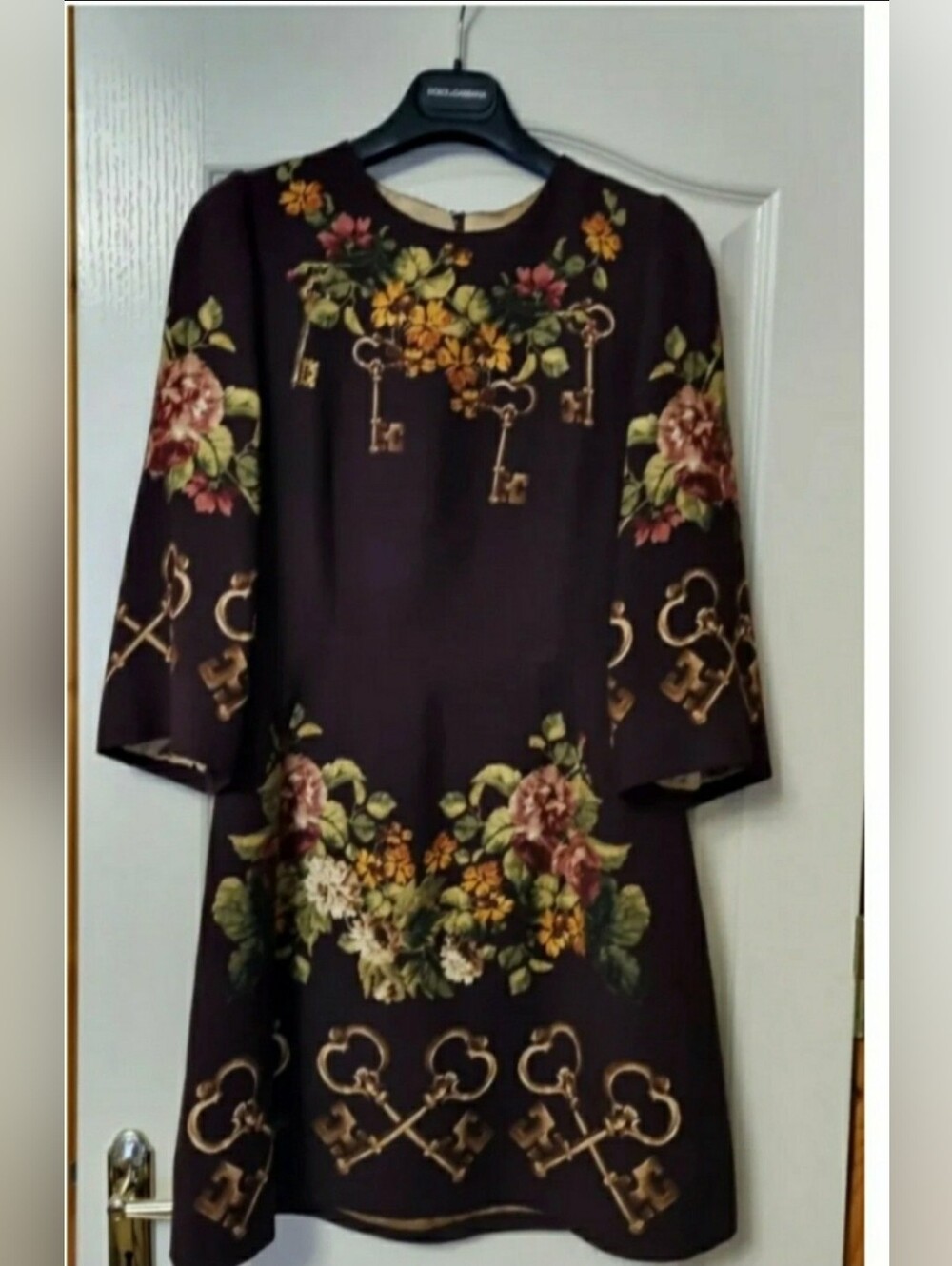 Dolce & Gabbana Iconic Floral Key-Print Dark Burgundy Brown A-Line Women's Dress